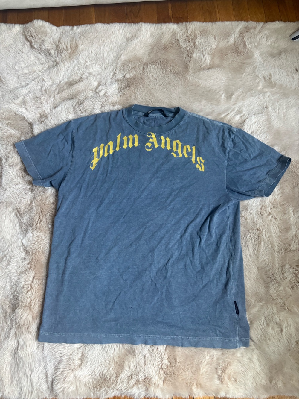 Blue Men's Palm Angels Crewneck T-Shirt with Yellow Script